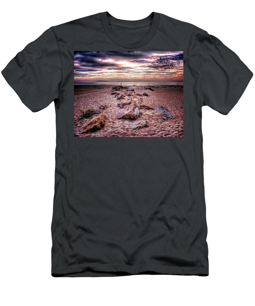 Sand Rock Sky Sunset Beach Water Ocean T-Shirt featuring the photograph Rocky Beach by Wendell Ward