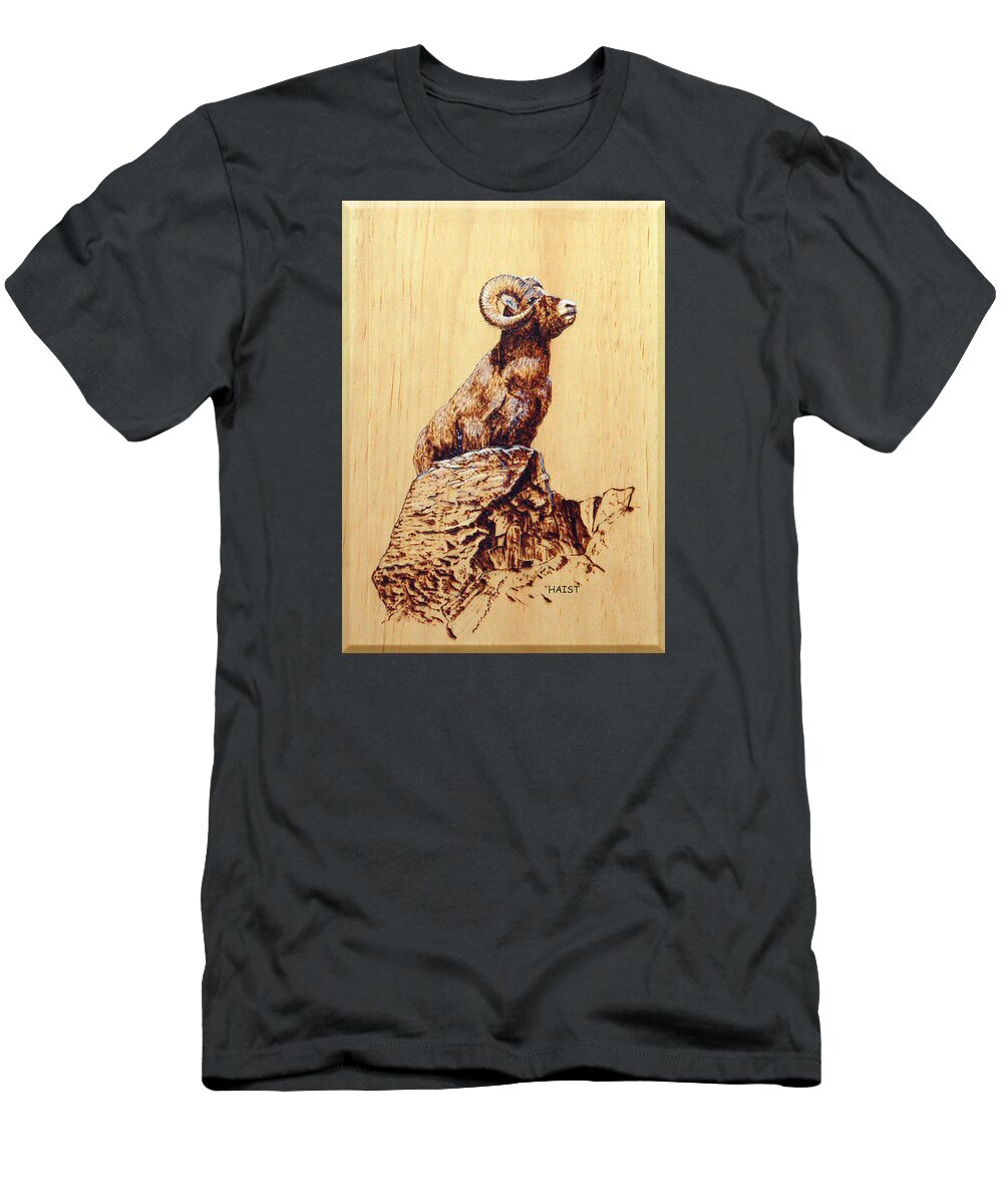 Ram T-Shirt featuring the pyrography Rocky Mountain Bighorn Sheep by Ron Haist