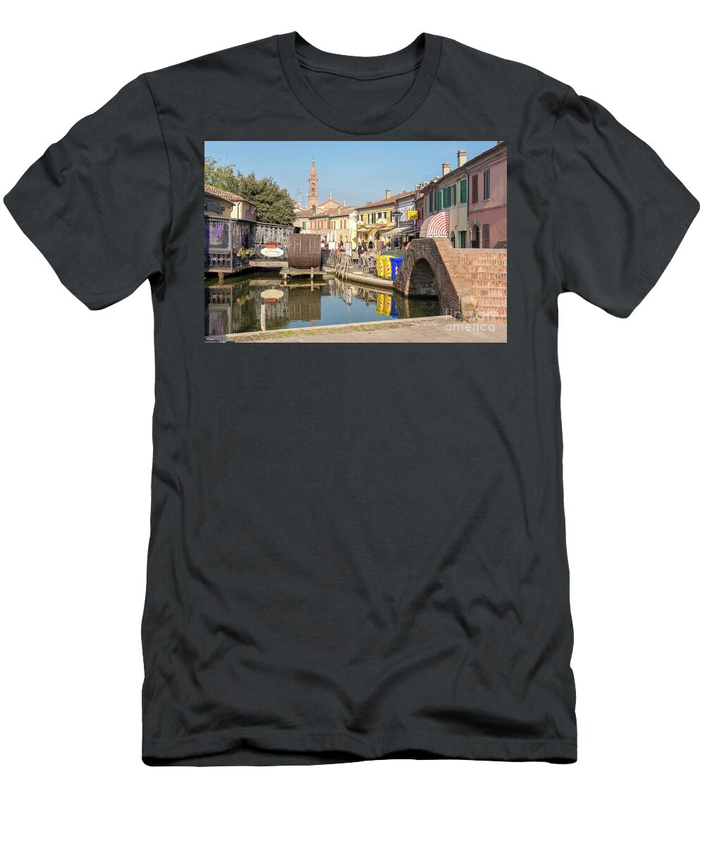 Valli Di Comacchio T-Shirt featuring the photograph romantic canal restaurant in Comacchio, Emilia Romagna taly by Luca Lorenzelli
