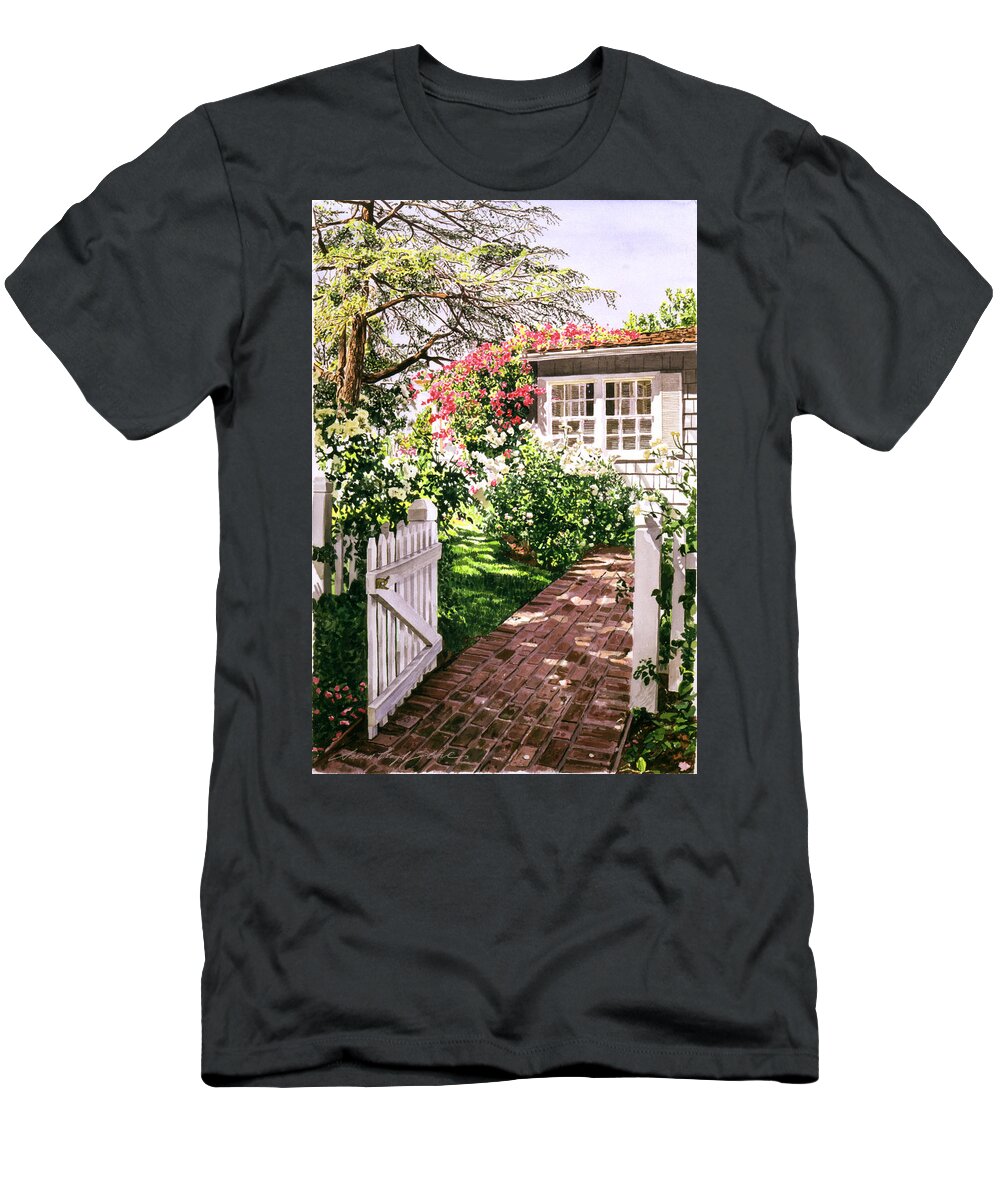 Gardens T-Shirt featuring the painting Rose Cottage Gate by David Lloyd Glover