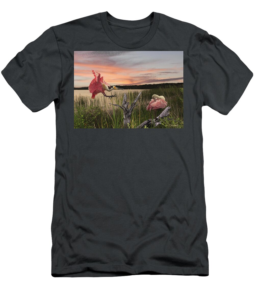 Birds T-Shirt featuring the digital art Roseate Spoonbills on Florida's Gulf Coast by M Spadecaller