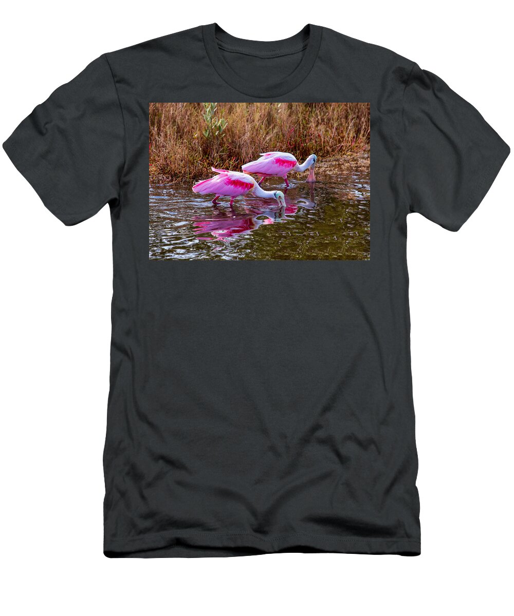Birds T-Shirt featuring the photograph Roseate Spoonbills Swishing for Food by John M Bailey