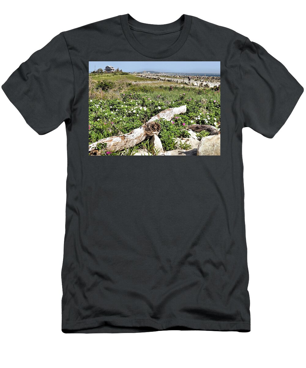 Beaches T-Shirt featuring the photograph Roses and Driftwood by Janice Drew
