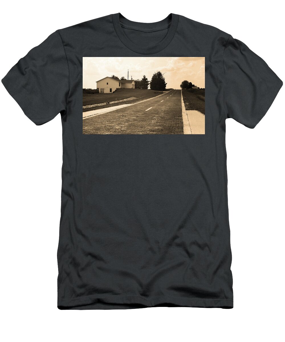 66 T-Shirt featuring the photograph Route 66 - Brick Highway 2006 #2 Sepia by Frank Romeo