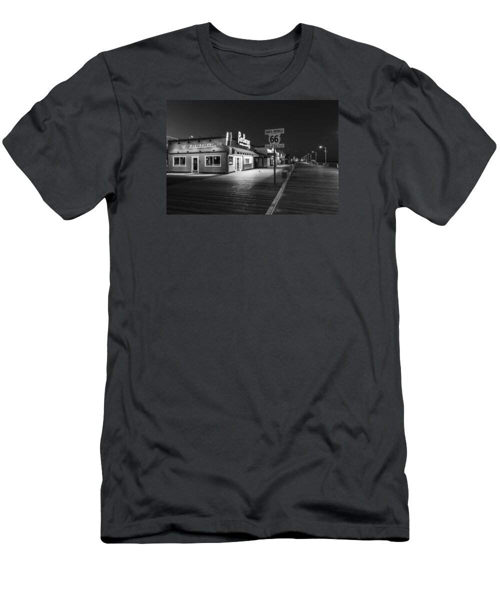 Santa Monica Pier T-Shirt featuring the photograph Route 66 Santa Monica Black and White by John McGraw