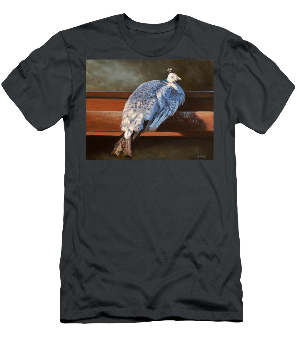 Oil T-Shirt featuring the painting Rustic Elegance - White Peahen by Linda Merchant