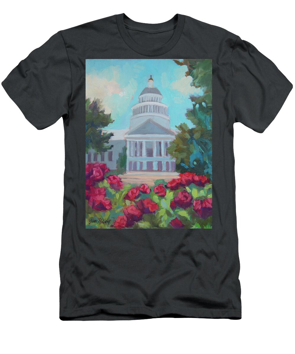 California T-Shirt featuring the painting Sacramento Capitol and Roses by Diane McClary
