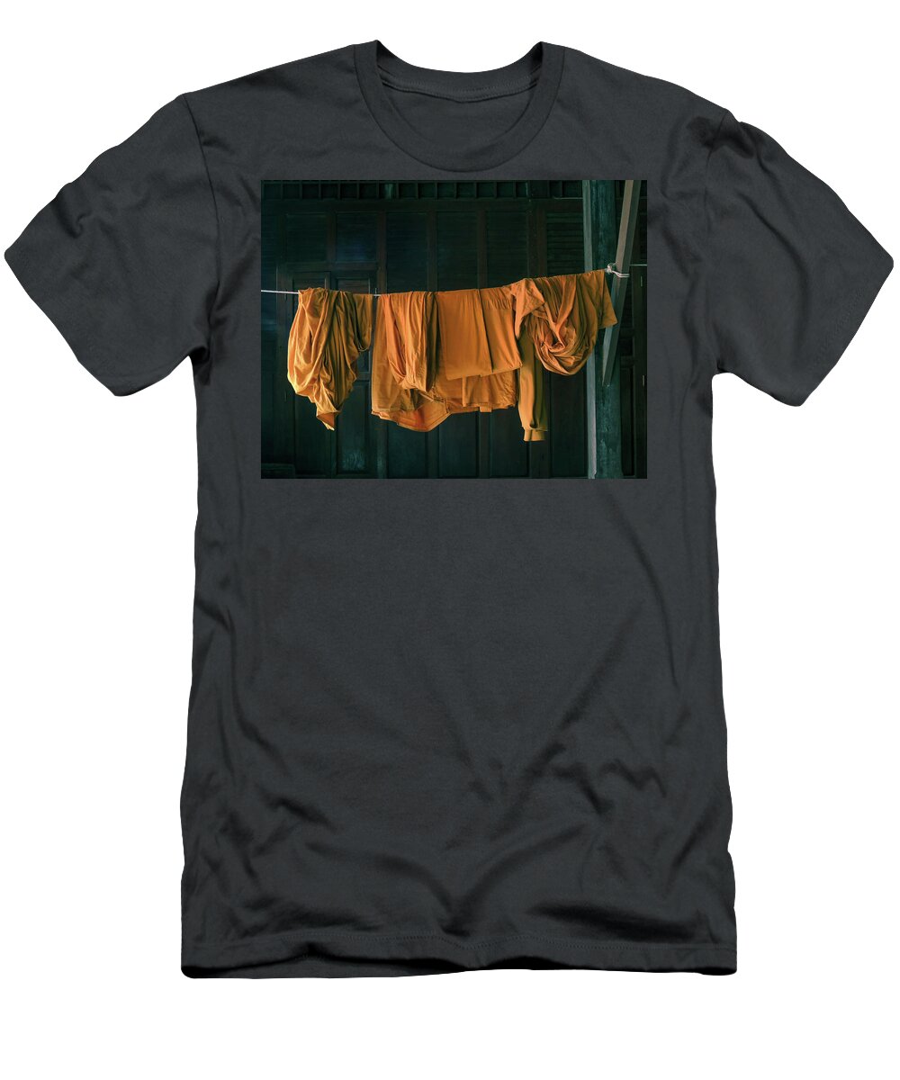 Buddhism T-Shirt featuring the photograph Saffron robes by Jeremy Holton