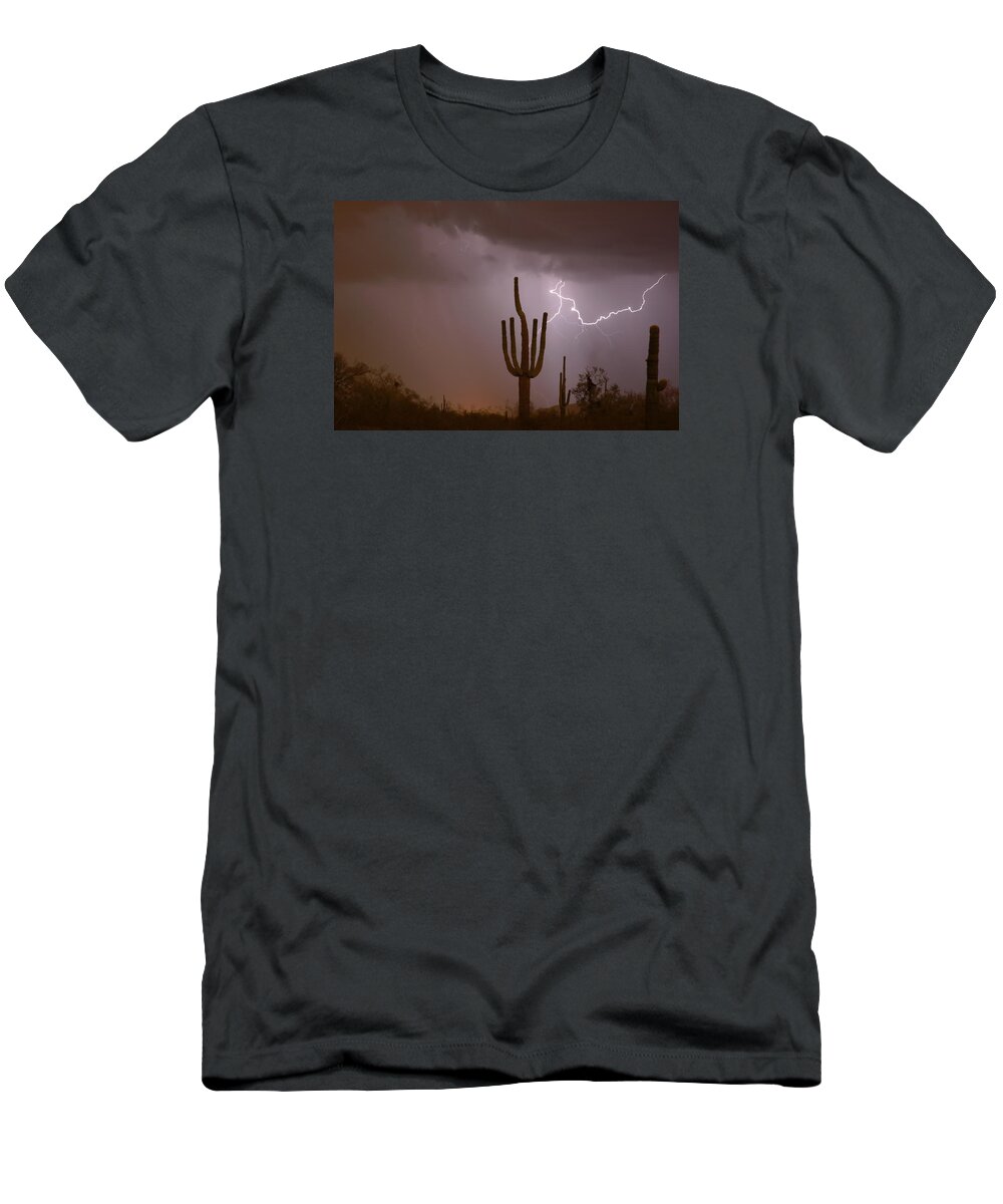 Lightning T-Shirt featuring the photograph Saguaro Southwest Desert Lightning Air Strike by James BO Insogna