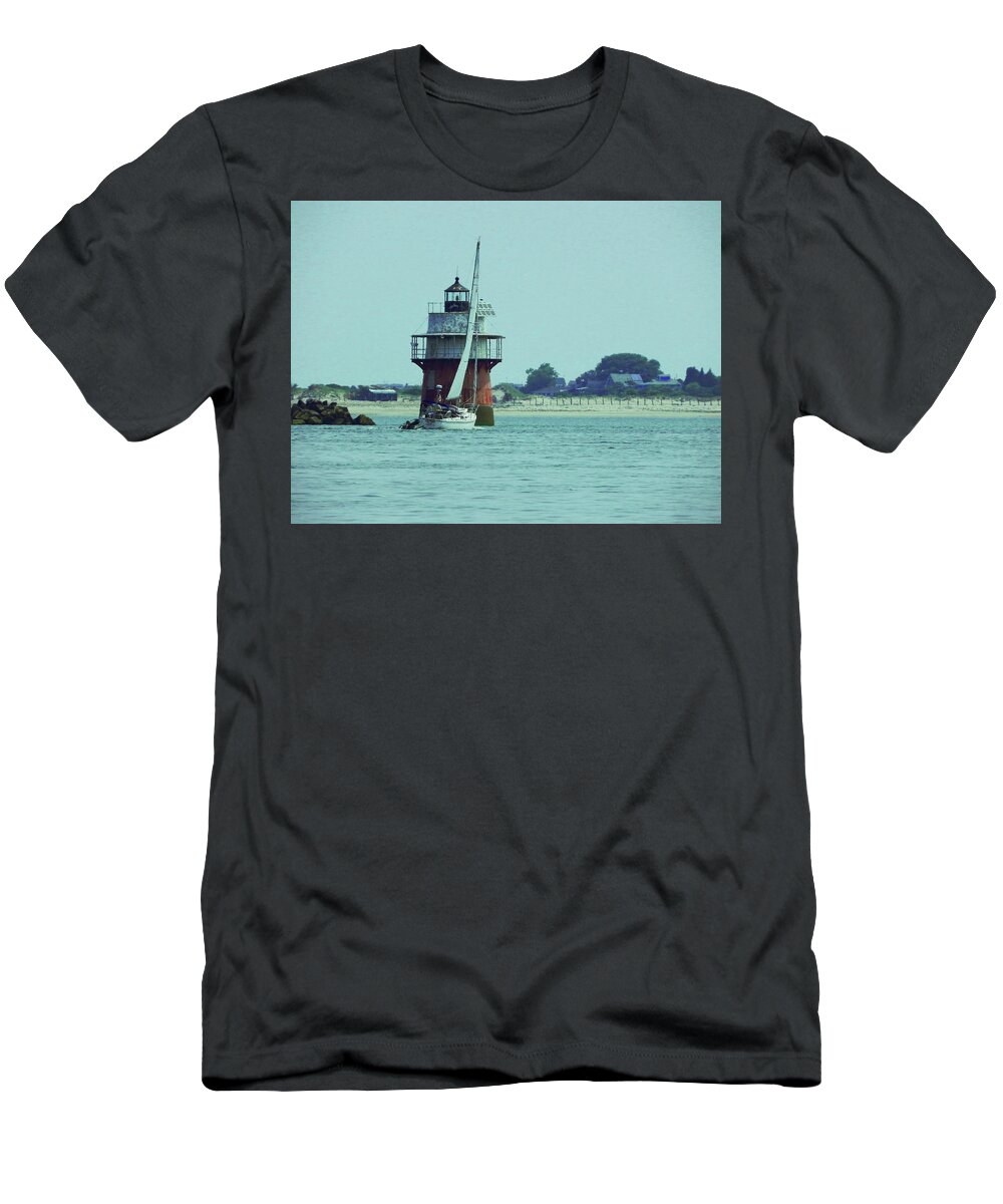 Sailing Ocean Harbor Lighthouse Nautical Beach T-Shirt featuring the photograph Sailing Across Bug Light by Kathleen Moroney
