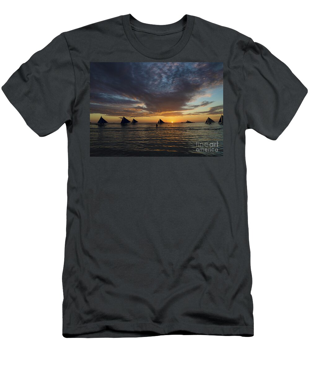Asia T-Shirt featuring the photograph Sailing Boats At Sunset Boracay Tropical Island Philippines by JM Travel Photography