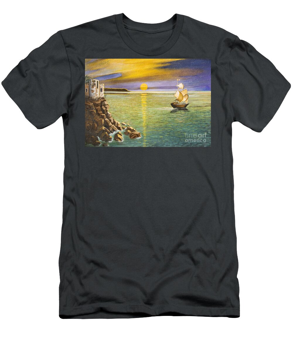 Picture T-Shirt featuring the painting Sailing ship and castle by Irina Afonskaya