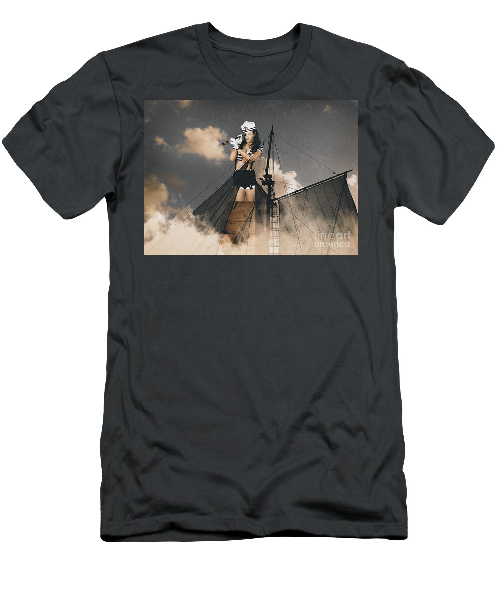 Crowsnest T-Shirt featuring the photograph Sailor pinup girl on lookout from ships crows-nest by Jorgo Photography