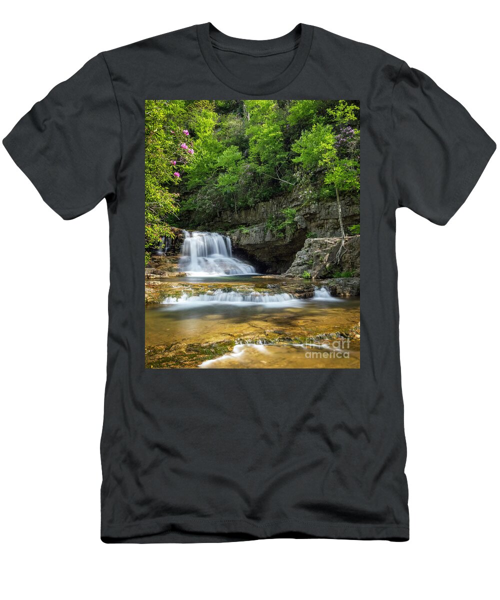 Spring T-Shirt featuring the photograph Saint Mary's Falls Among the Rododendrons by Karen Jorstad