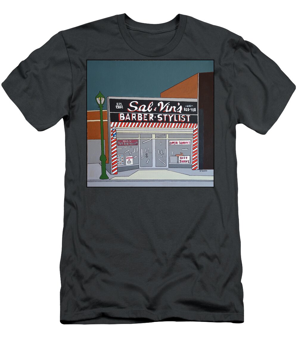 Valley Stream T-Shirt featuring the painting Sal and Vin's by Mike Stanko
