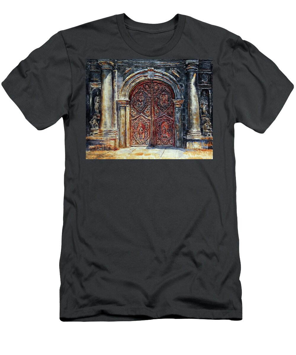 San Agustin Church T-Shirt featuring the painting San Agustin Church Entrance by Joey Agbayani