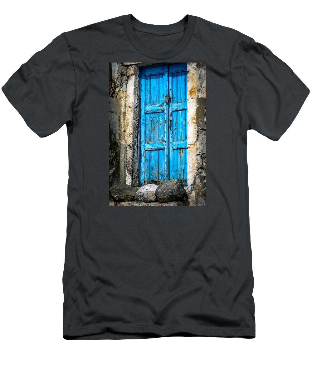 Santorini T-Shirt featuring the photograph Santorini Blue Door by Pamela Newcomb