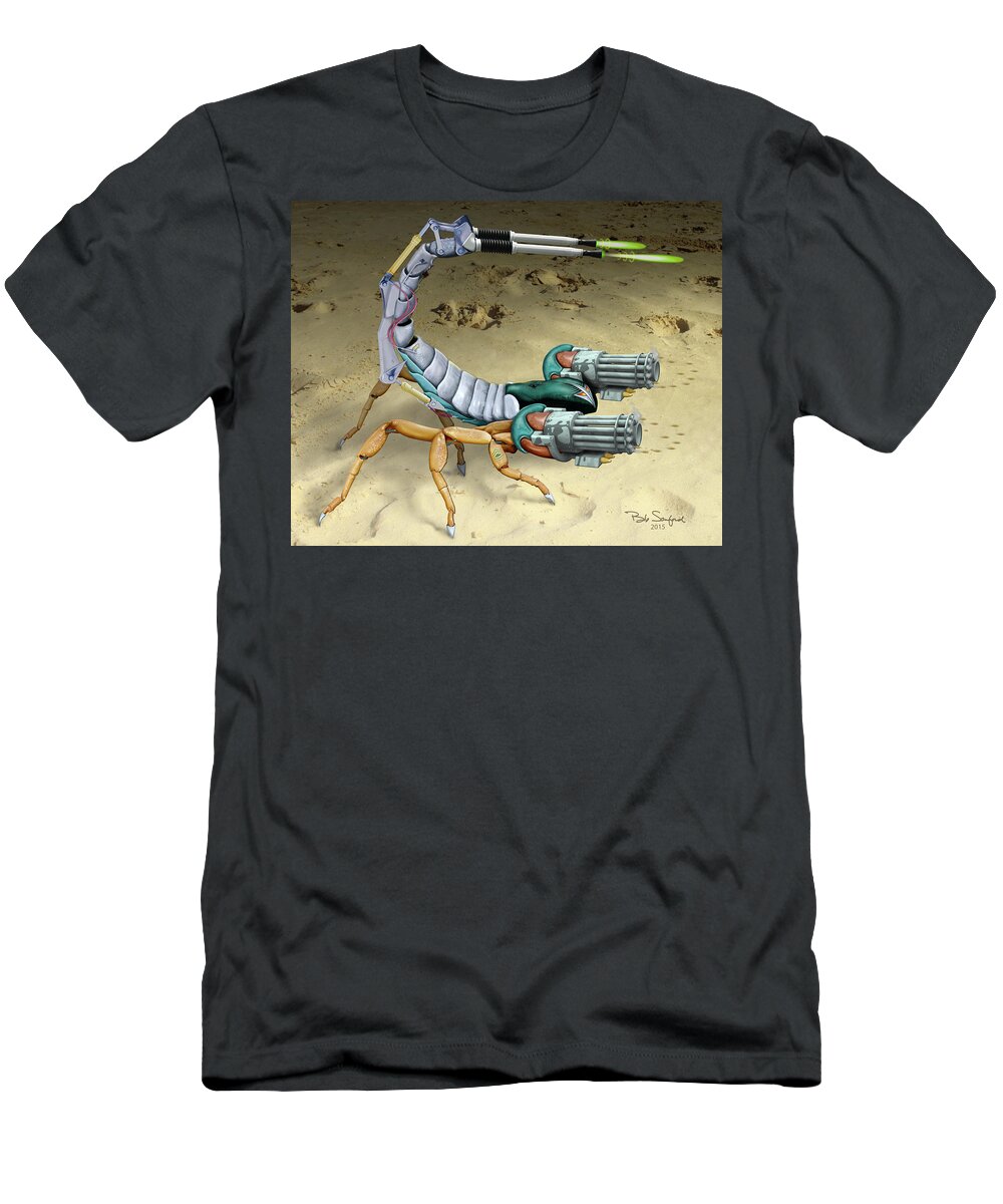 Scorpion Guns Weapon Sand Army Mechanical Droid Graphic Photo Manipulation T-Shirt featuring the digital art Scorpion Desert Battle by Bob Sanford