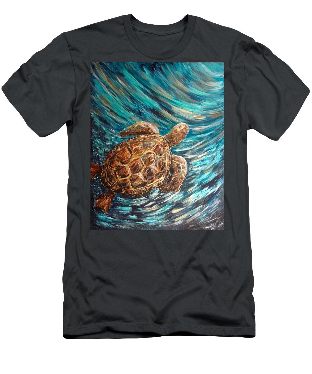 Sea T-Shirt featuring the painting Sea Turtle Wave Guam by Michelle Pier