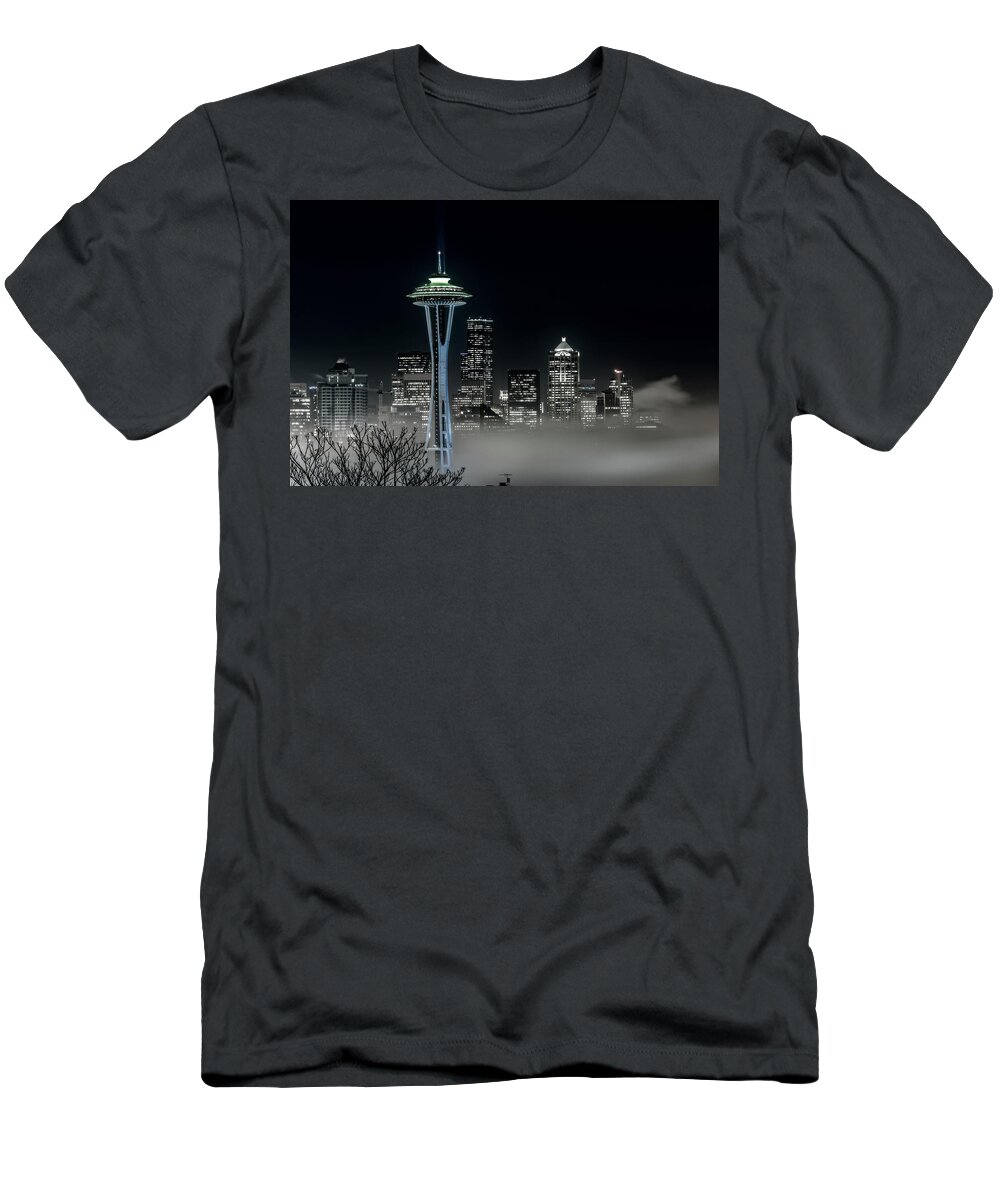 Seattle T-Shirt featuring the photograph Seattle Foggy Night Lights in BW by Ken Stanback