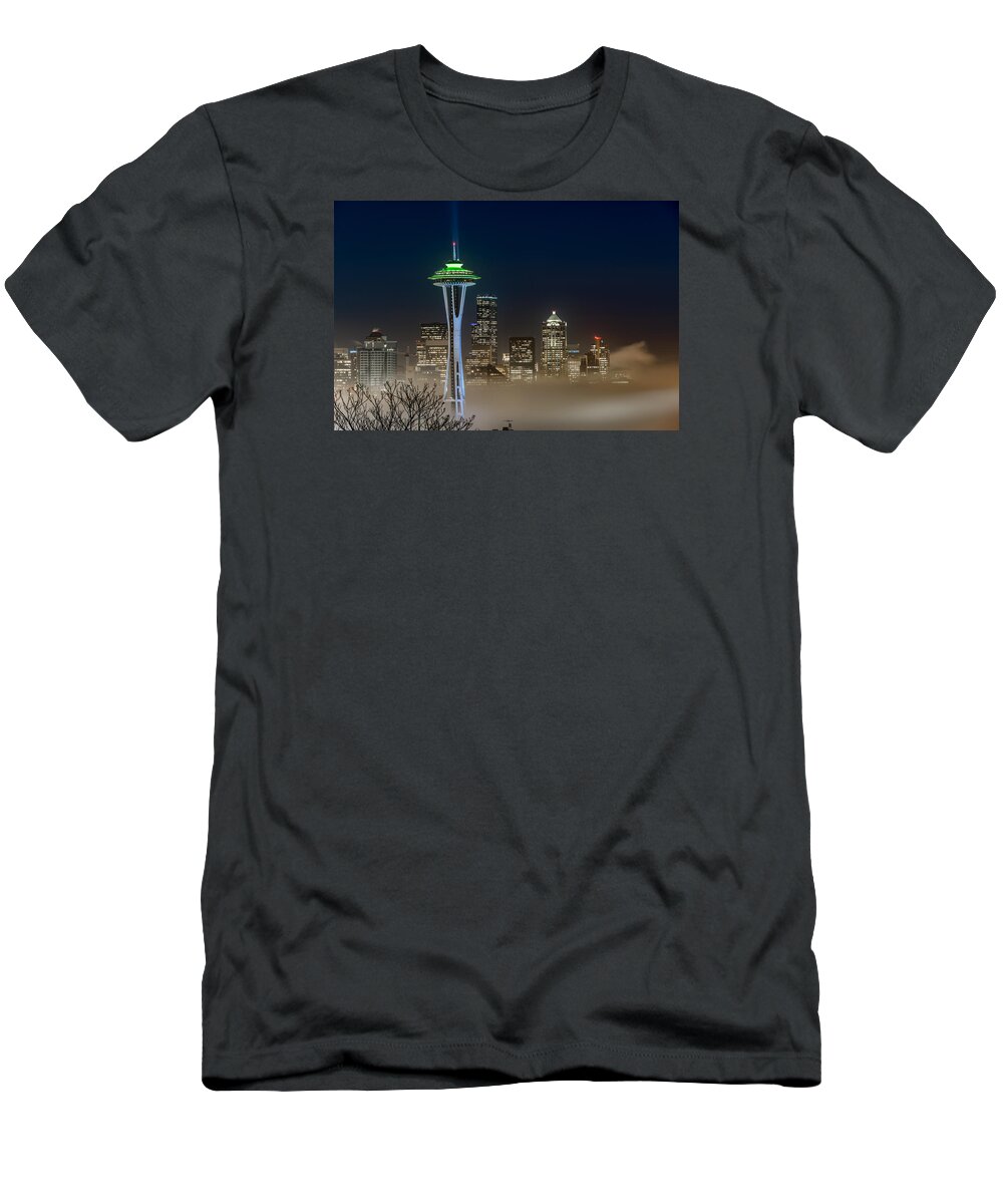 City T-Shirt featuring the photograph Seattle Foggy Night Lights by Ken Stanback