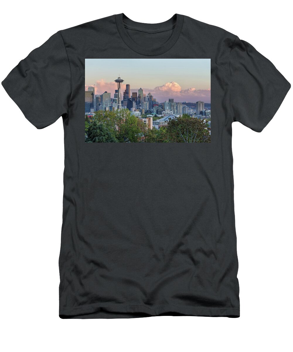 Seattle T-Shirt featuring the photograph Seattle Washington City Skyline at Sunset by David Gn