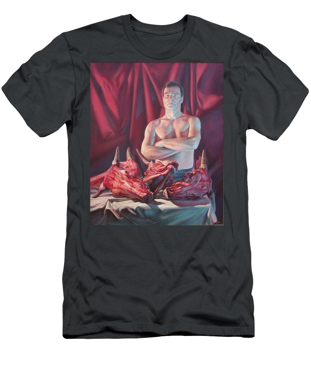 Portrait T-Shirt featuring the painting Self portrait with slaughtered cow heads by Hans Droog