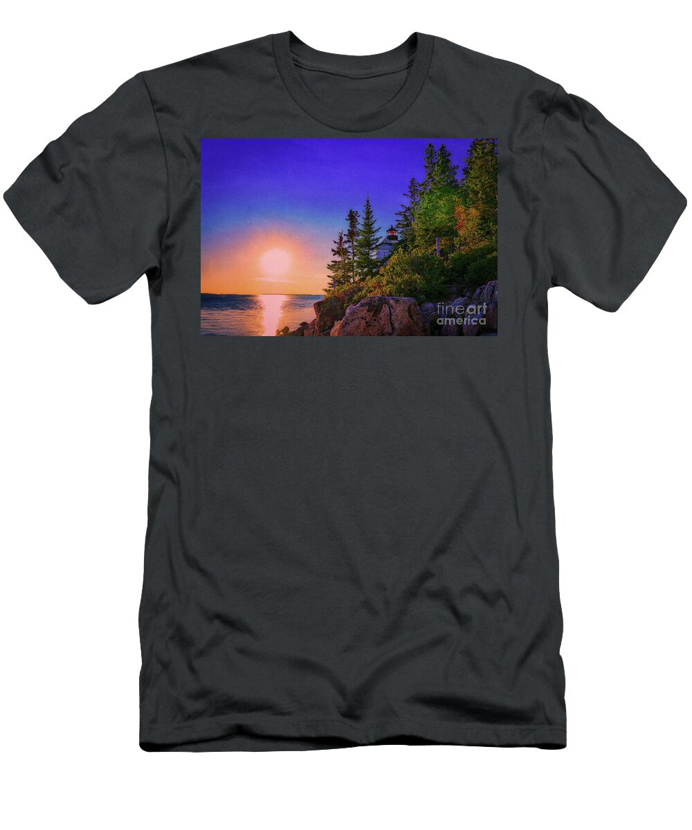 Acadia T-Shirt featuring the photograph Setting sun by Bass Harbor lighthouse by Izet Kapetanovic