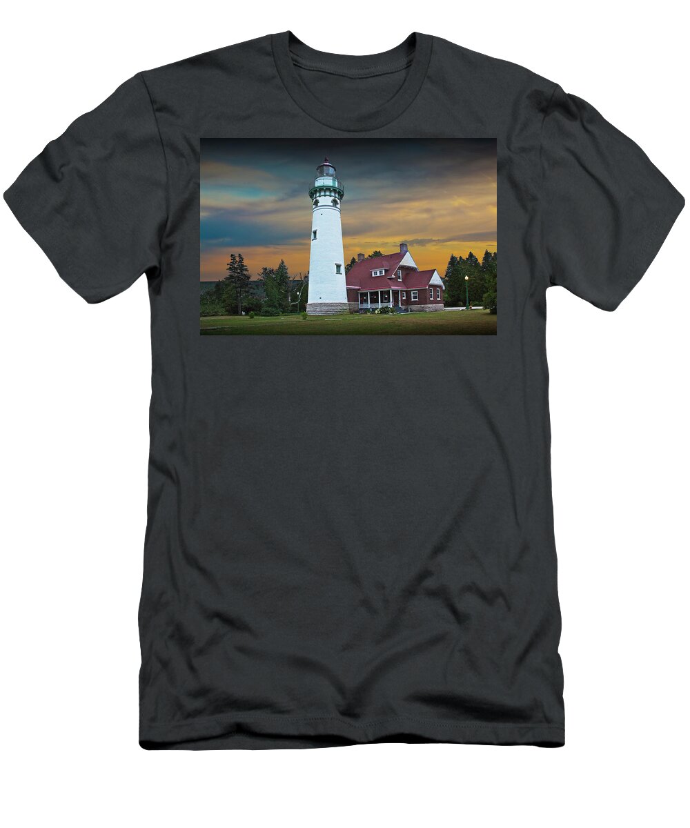 Lighthouse T-Shirt featuring the photograph Seul Choix Point Fog Signal Building at Sunset by Randall Nyhof