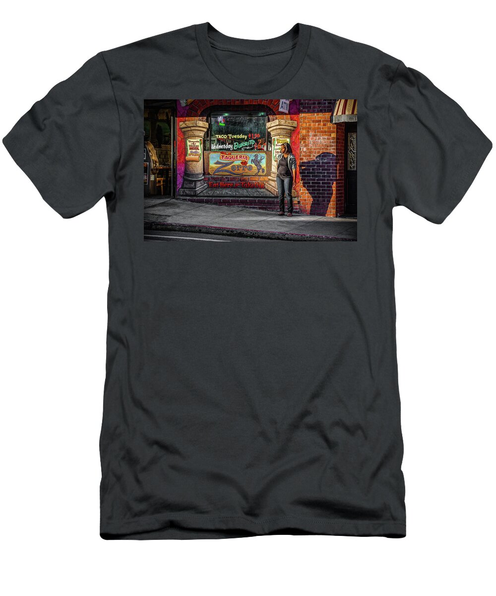 Street Photography T-Shirt featuring the photograph SF Taqueria by Ed Broberg