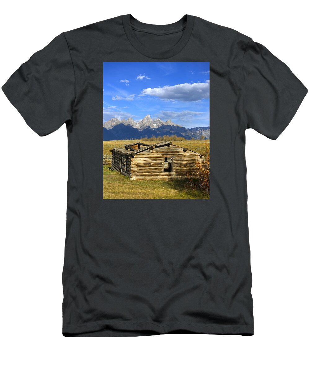 Shane T-Shirt featuring the photograph Shane Cabin and Grand Tetons by Gary Langley