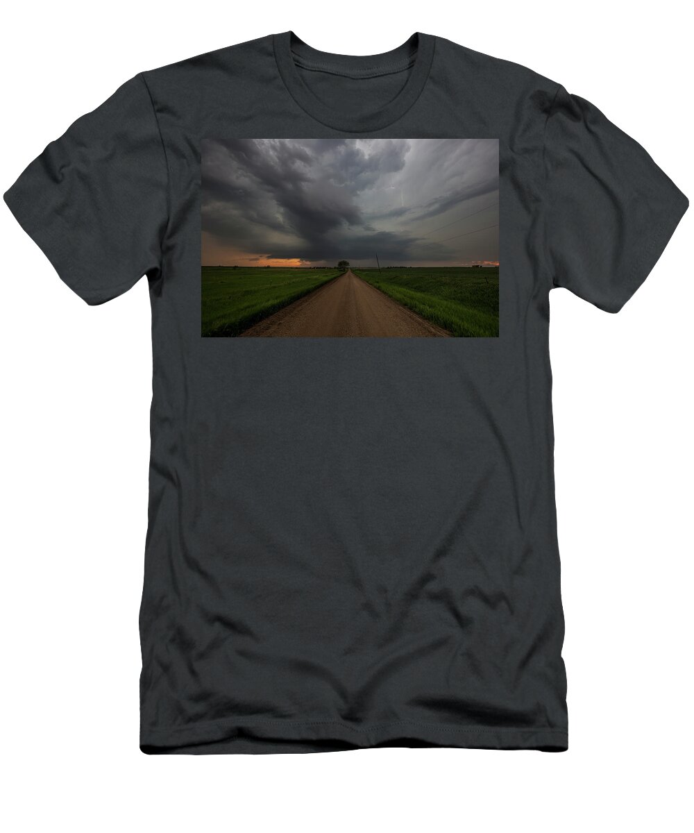 Sky Sunset Clouds Tree Usa Canon Lightning Cloud Weather Storm Thunderstorm Rural Thunder Hail T-Shirt featuring the photograph Sharknado by Aaron J Groen