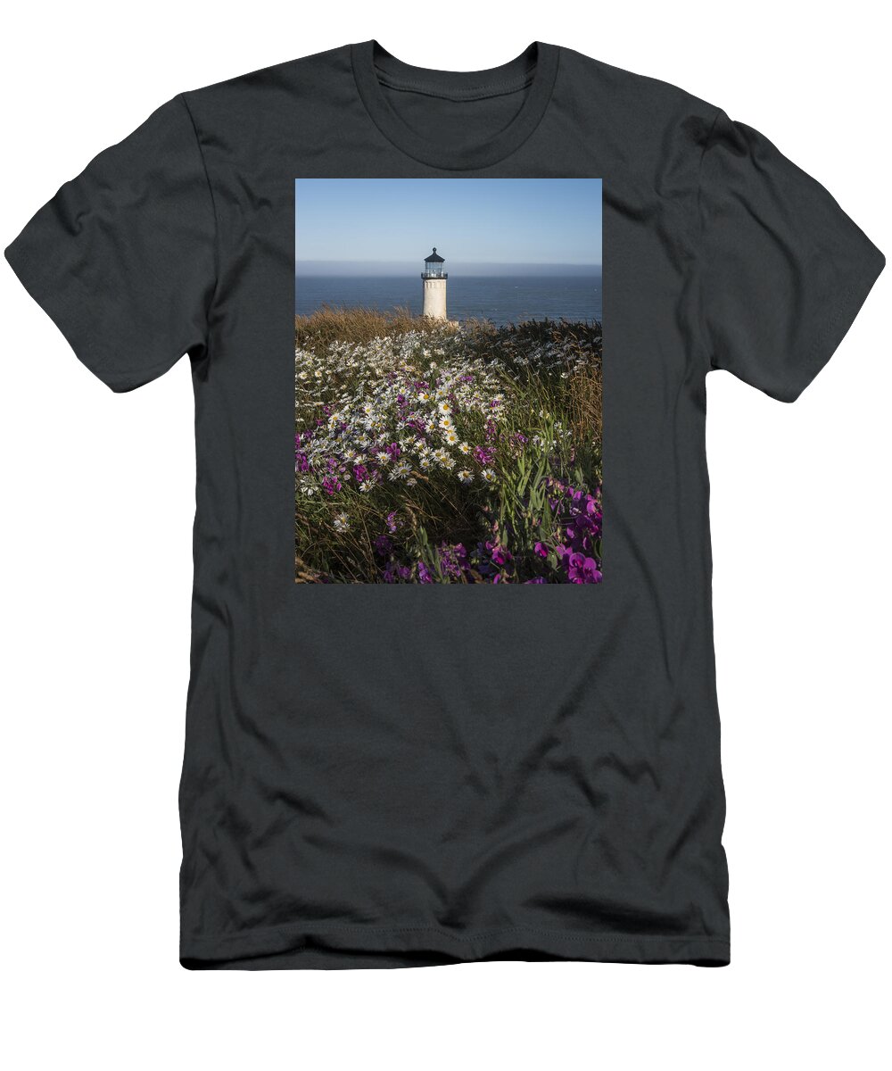 Cape Disappointment State Park T-Shirt featuring the photograph Shasta Daisies at North Head Lighthouse. by Robert Potts