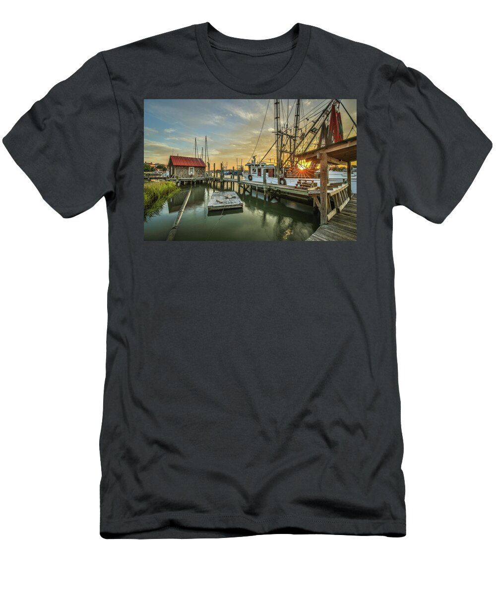 Shem Creek T-Shirt featuring the photograph Shem Creek Boathouse and Shrimp Boat by Donnie Whitaker