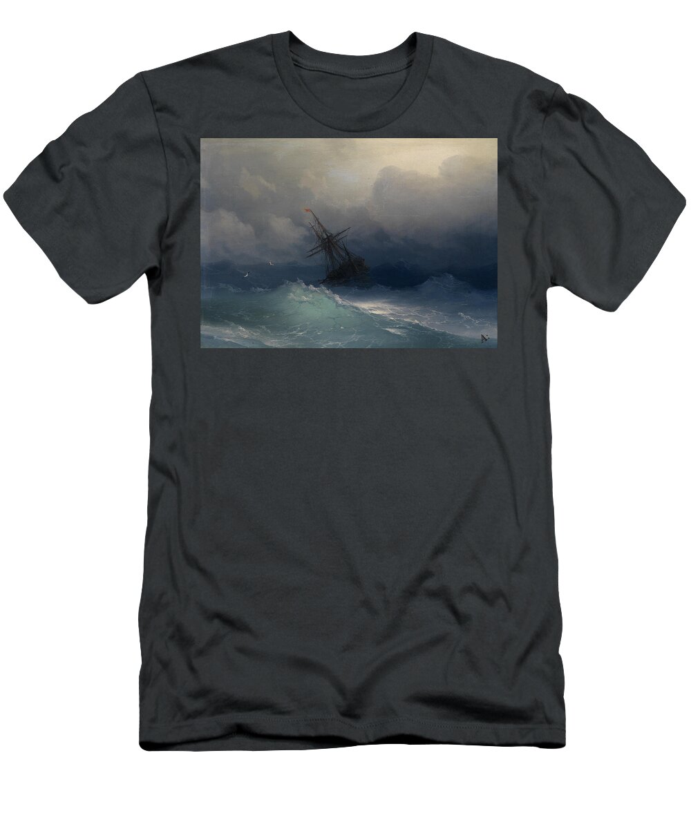 Konstantin Aivasovsky (1817 - 1900) T-Shirt featuring the painting Ship in heavy by MotionAge Designs