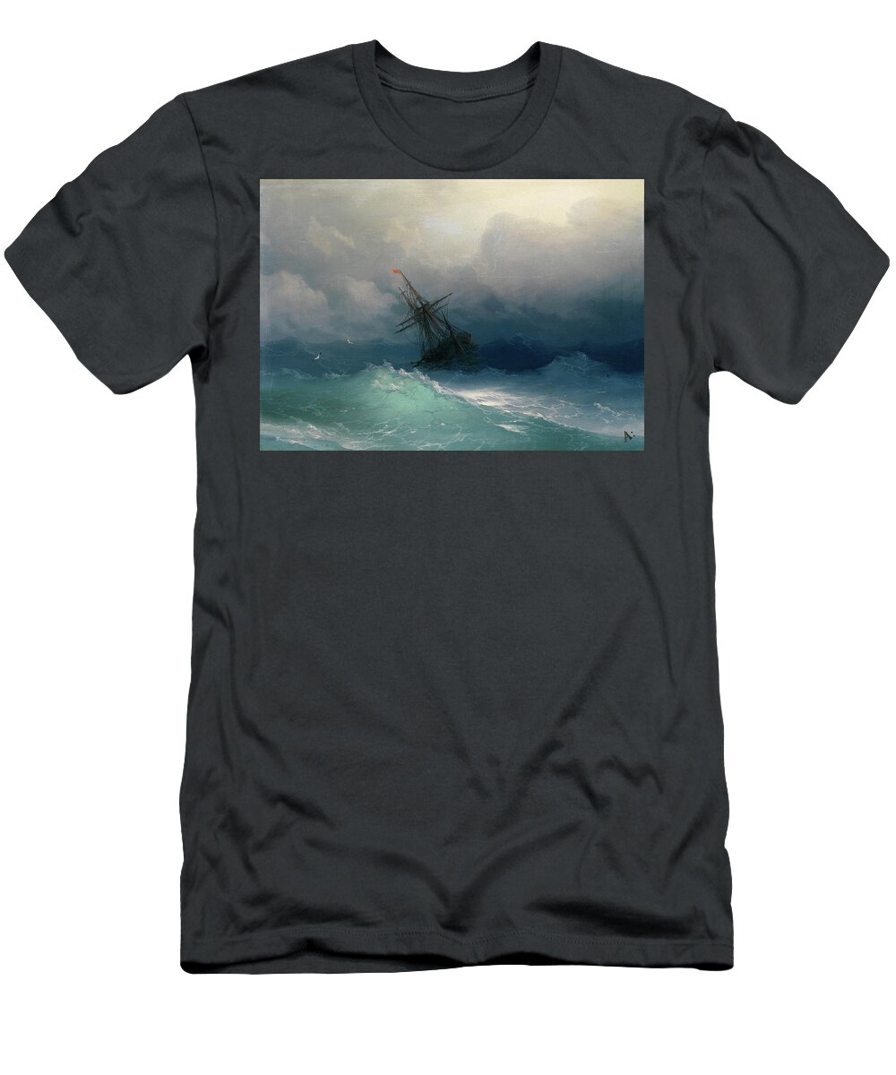 Ivan Konstantinovich Aivazovsky; Ship On Stormy Seas T-Shirt featuring the painting Ship on Stormy Seas by MotionAge Designs
