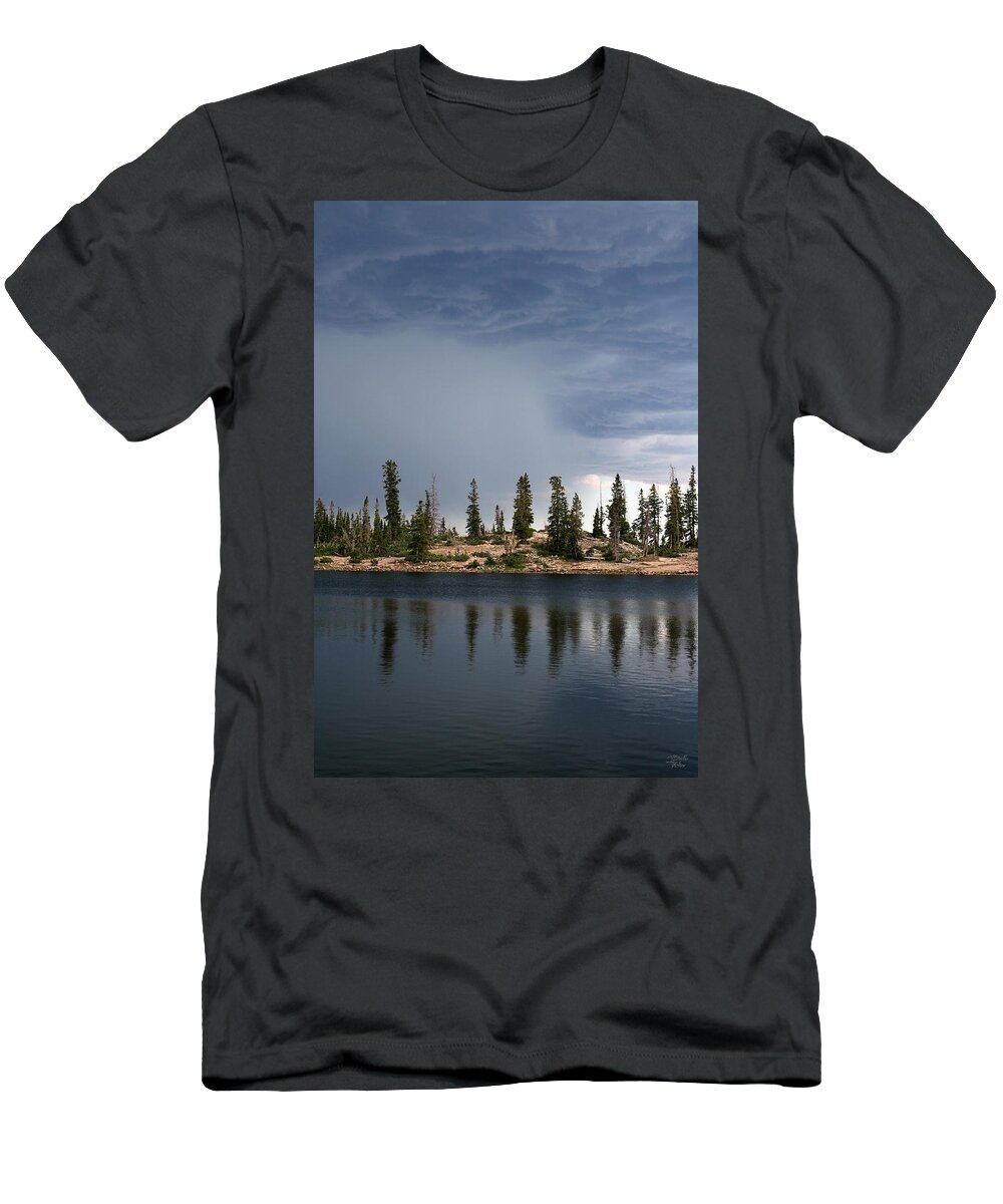Landscape T-Shirt featuring the photograph Shoreline Pine Trees and Storm by Brett Pelletier