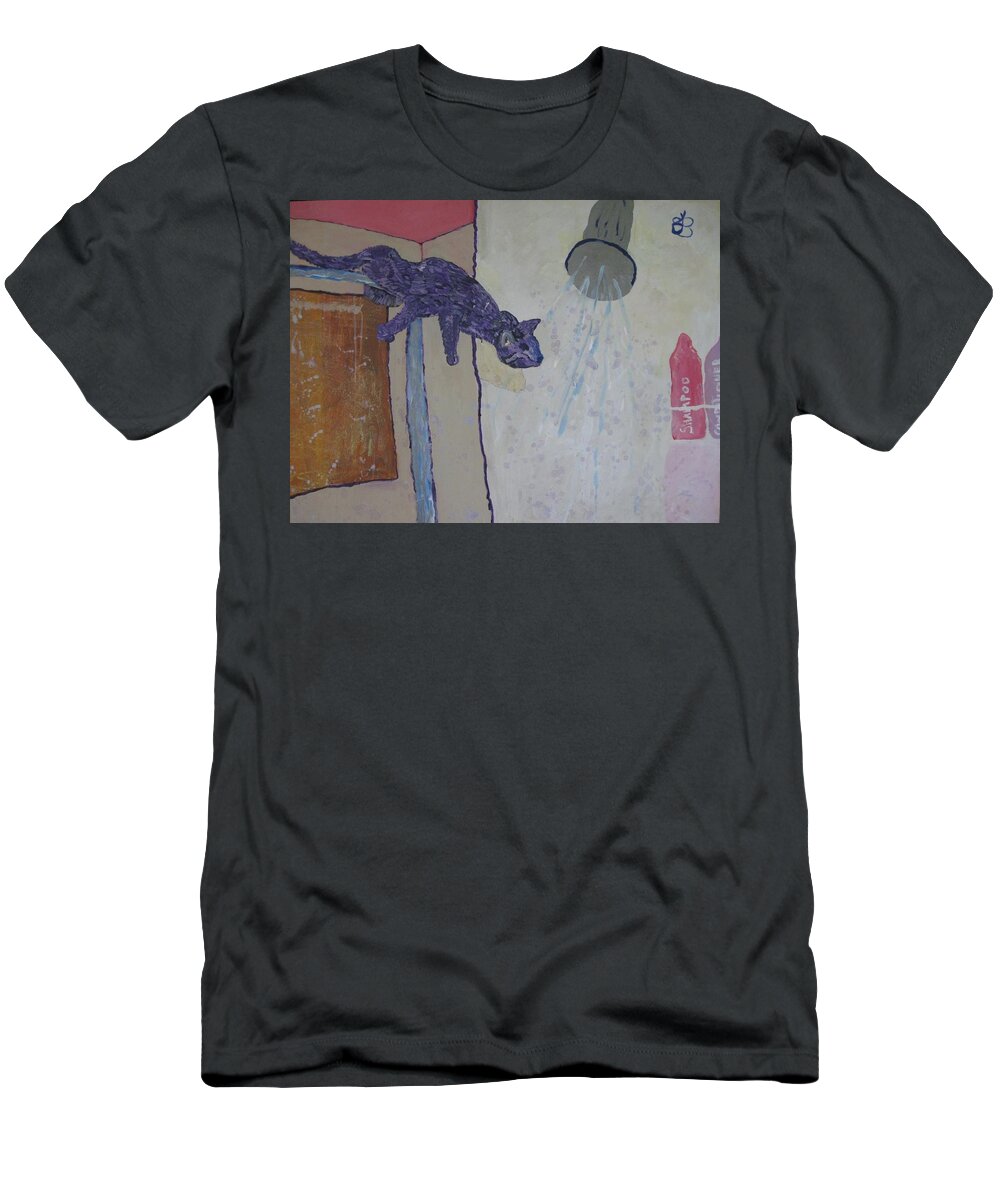 Purple T-Shirt featuring the painting Shower Cat by AJ Brown