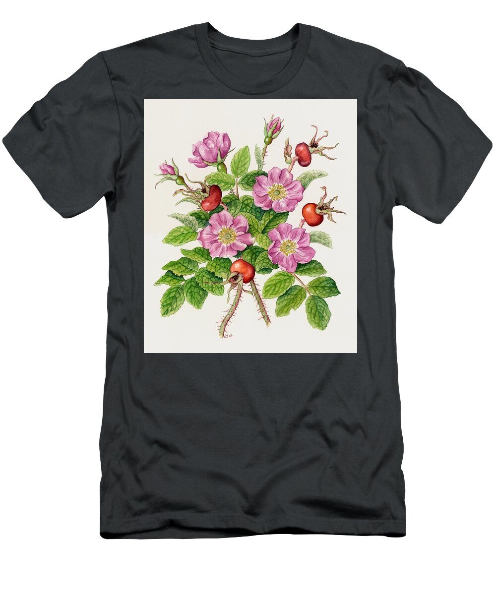 Rose T-Shirt featuring the painting Shrub rose, Rosa rugosa by Lynne Henderson