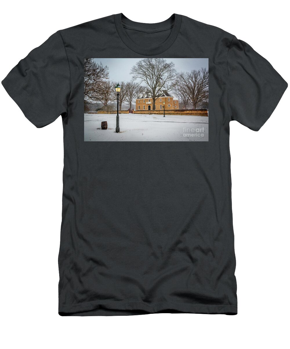 Side View Of Colonial Capitol In Winter T-Shirt featuring the photograph Side View of Colonial Capitol in Winter by Karen Jorstad