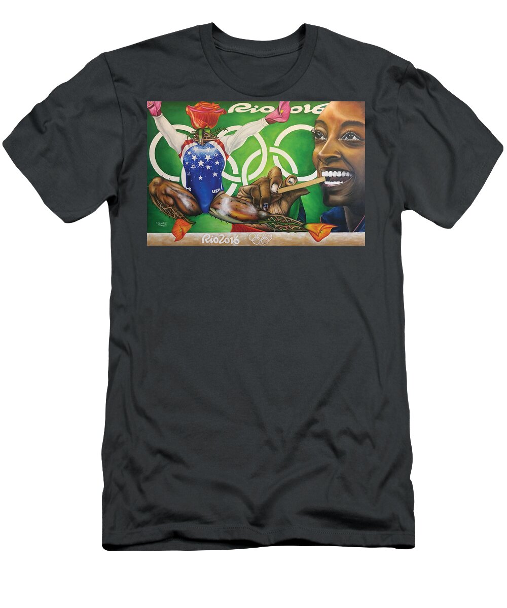 Flower T-Shirt featuring the painting Simone Biles The Golden Rose by O Yemi Tubi