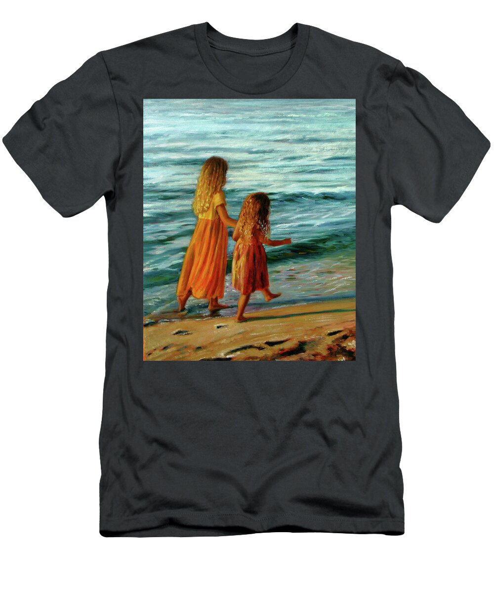 Young Sisters T-Shirt featuring the painting Sisters Walking by Marie Witte