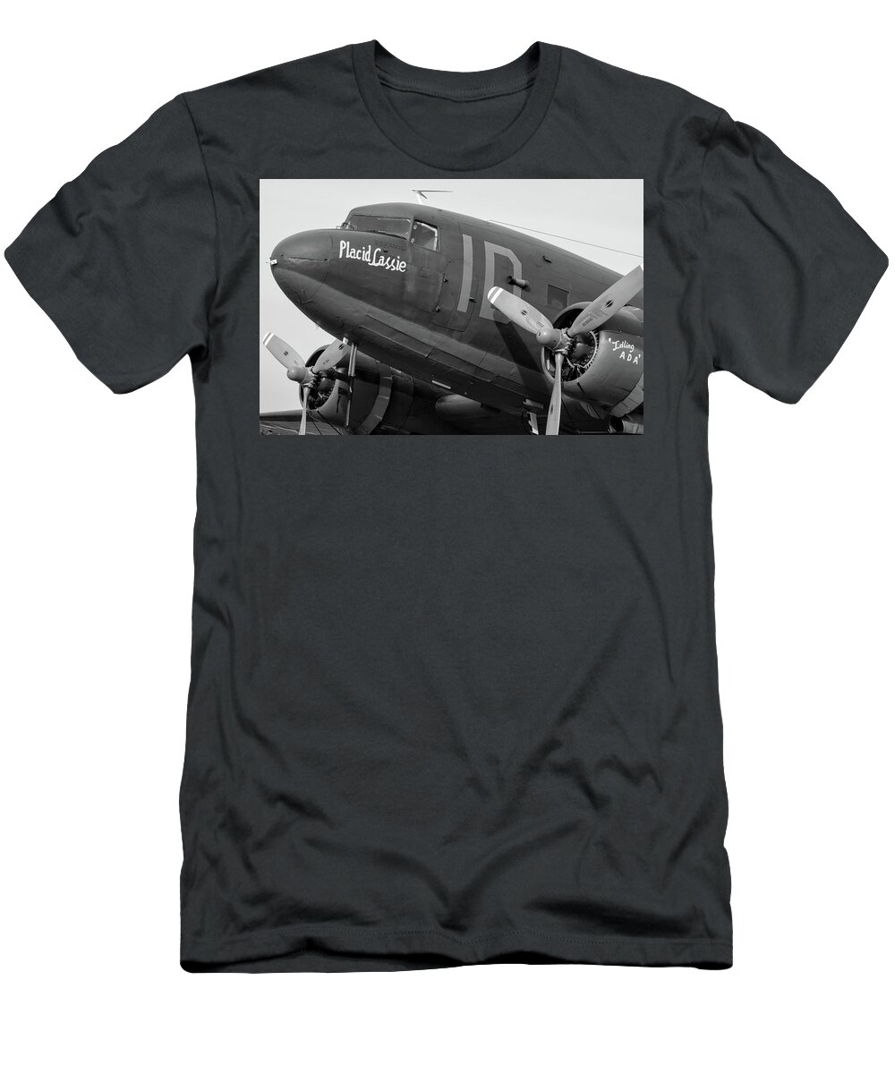 Black T-Shirt featuring the photograph Skytrain in Black and White - 2017 Christopher Buff, www.Aviationbuff.,com by Chris Buff