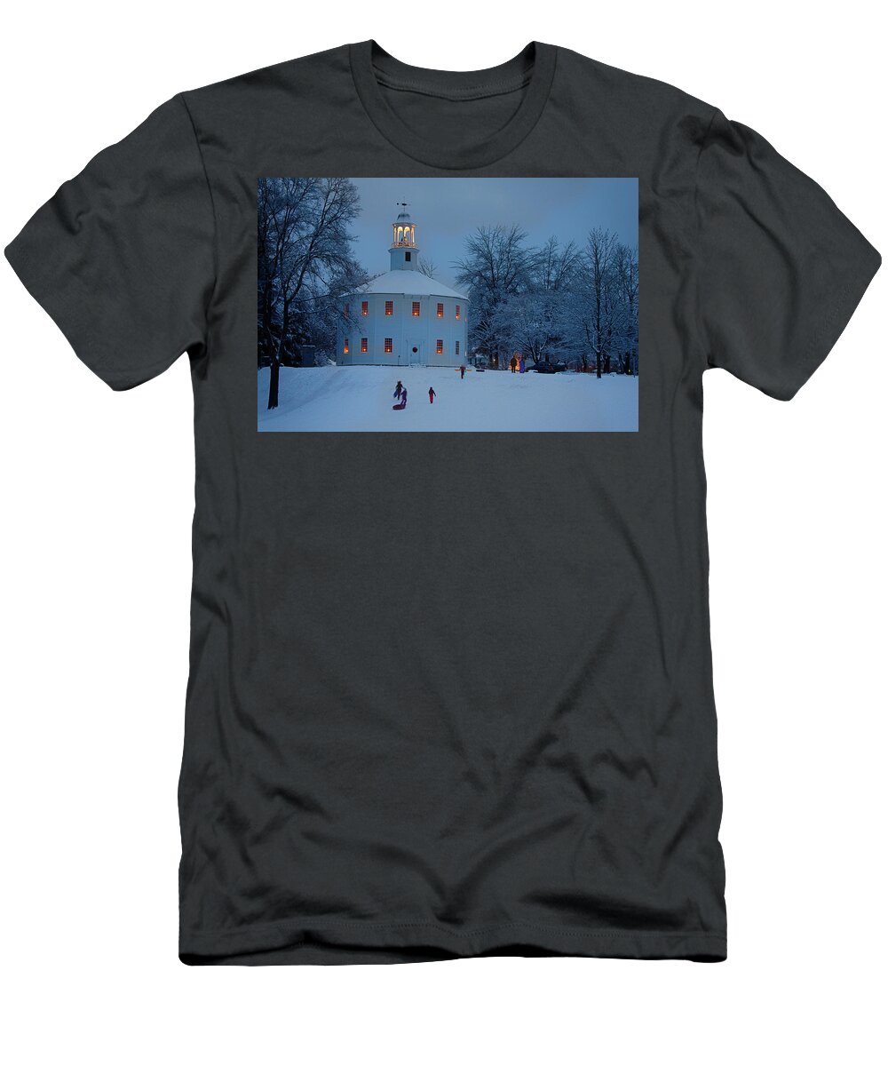 Richmond Round Church T-Shirt featuring the photograph Sledding at the Richmond Vermont church by Jeff Folger