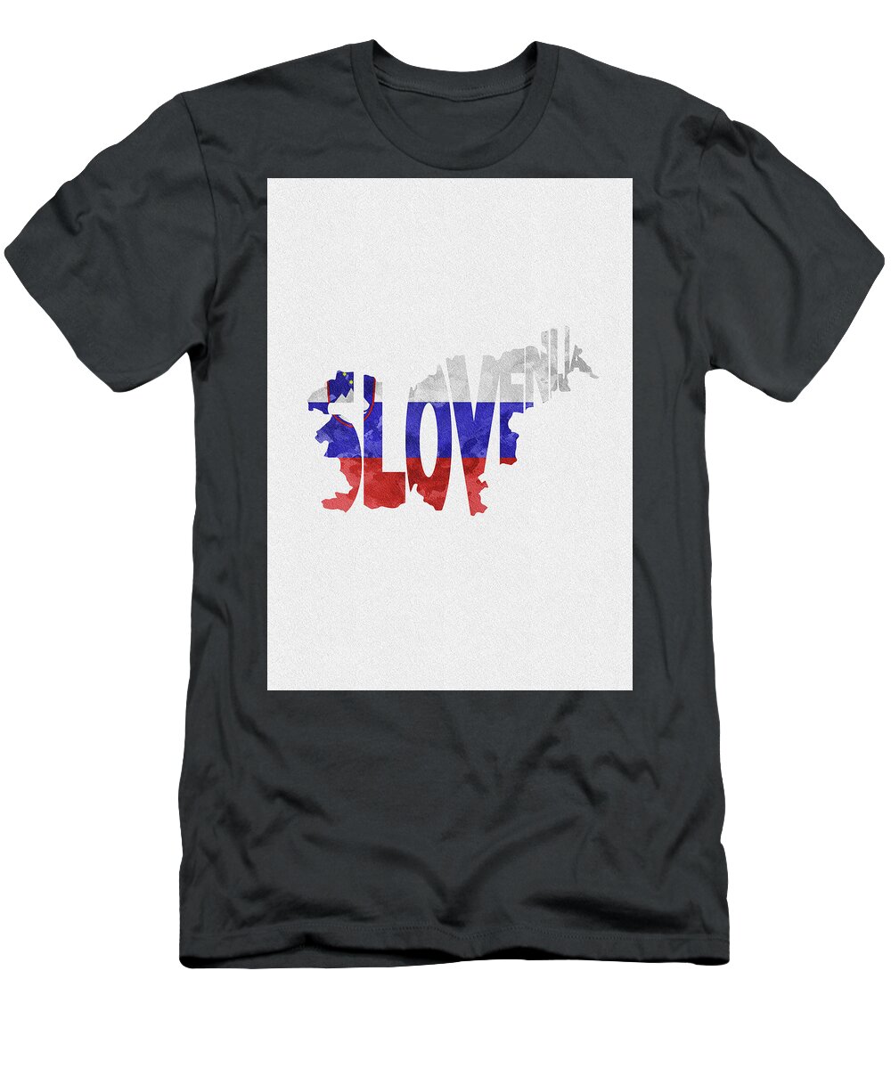 Slovenia T-Shirt featuring the digital art Slovenia Typographic Map Flag by Inspirowl Design