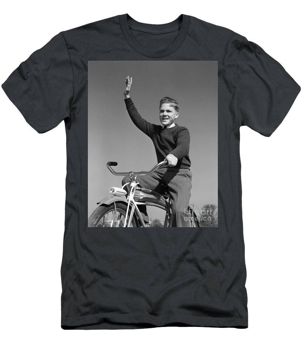 1940s T-Shirt featuring the photograph Smiling Boy On Bike Waving Arm by H. Armstrong Roberts/ClassicStock