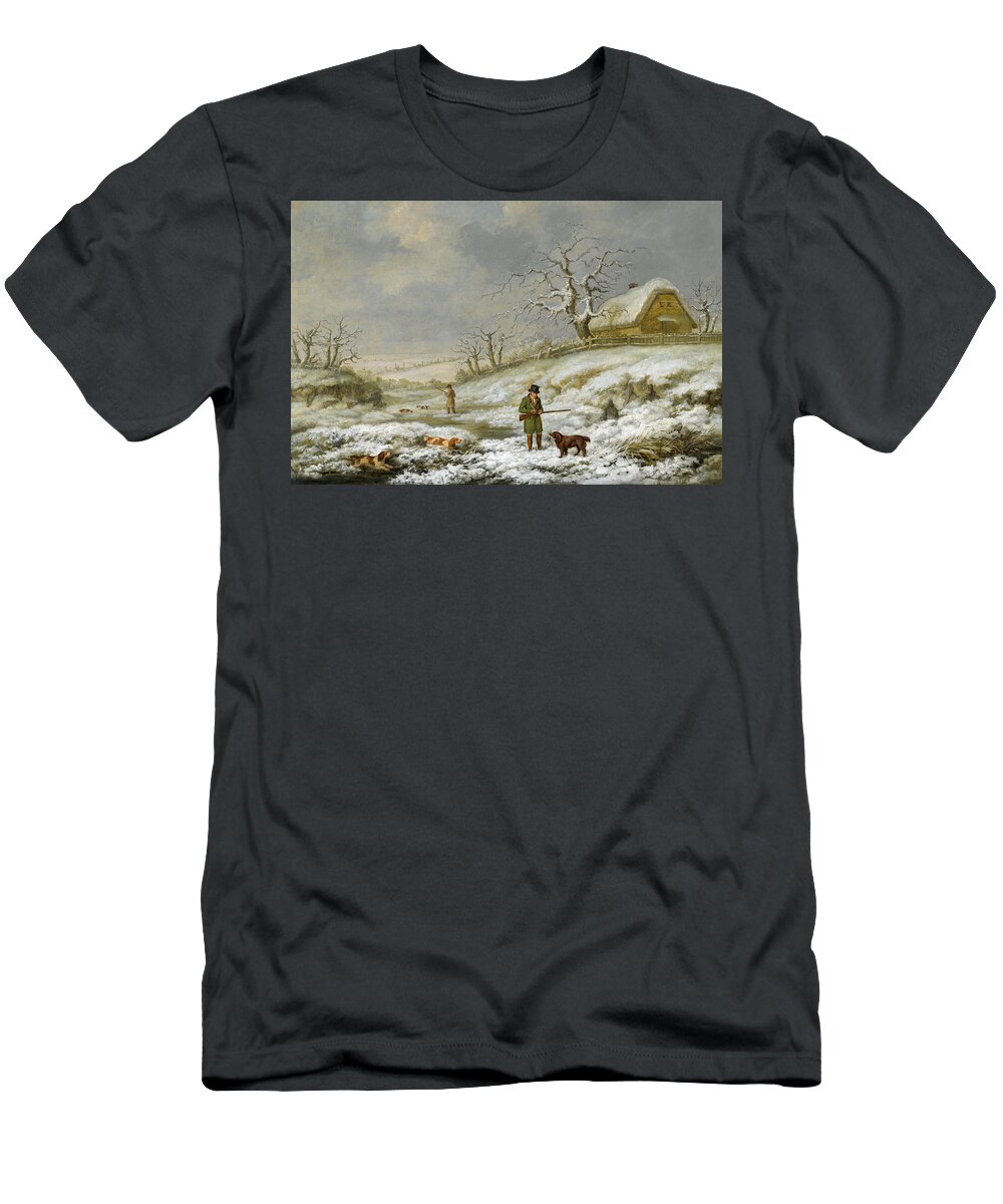 James Barenger T-Shirt featuring the painting Snipe Shooting in a Winter Landscape by James Barenger