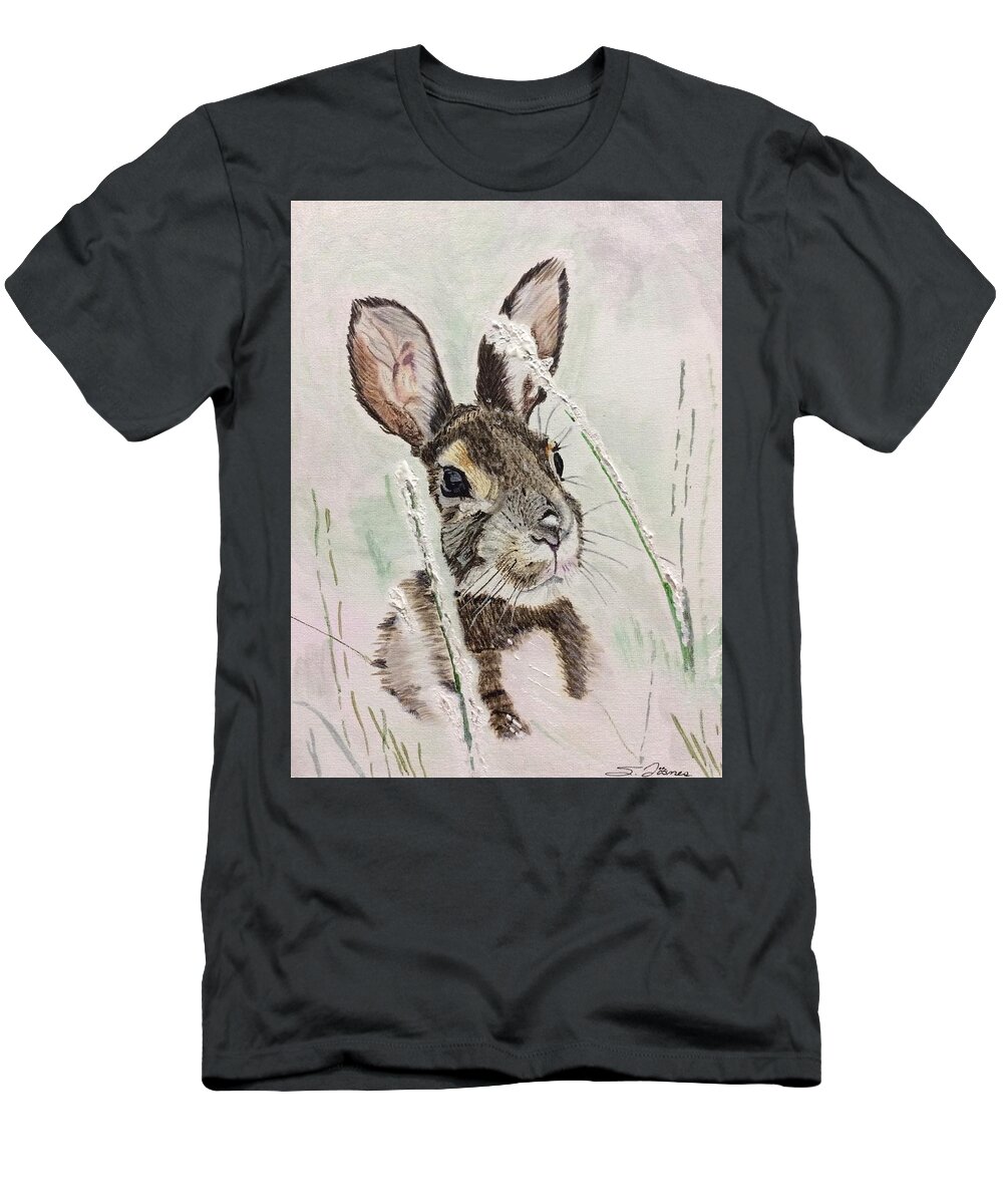 Rabbit T-Shirt featuring the painting Snow blown by Sonja Jones