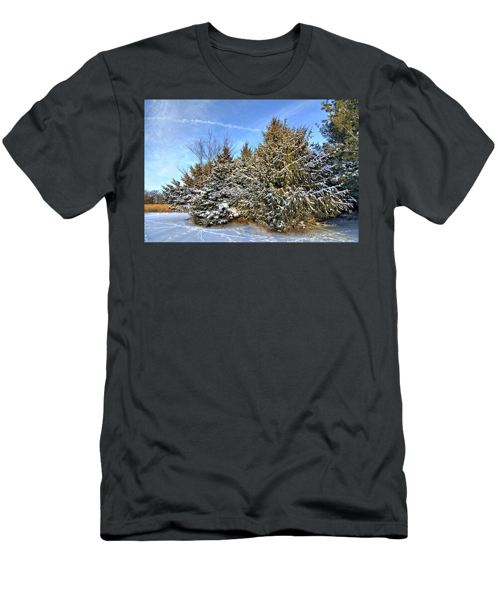 Snow T-Shirt featuring the photograph Snow Laden Pines by Bonfire Photography