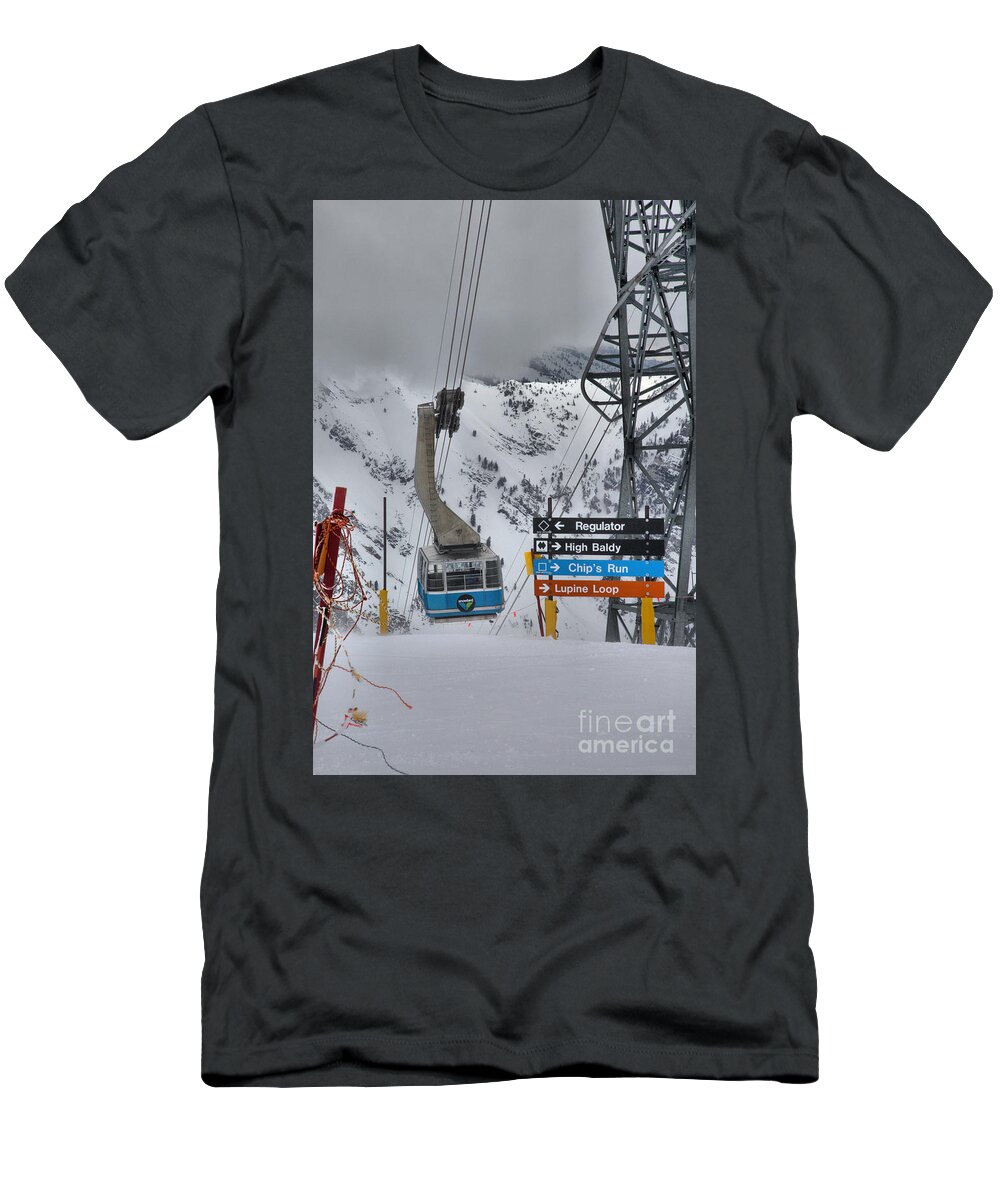 Snowbird Tram T-Shirt featuring the photograph Snowbird Blue Tram In The Clouds by Adam Jewell